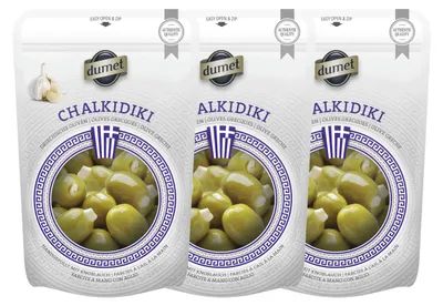 Zdjęcie produktu dla Oliwki Dumet Chalkidiki, greckie, zielone, nadziewane czosnkiem, 150g, zestaw 3 sztuk