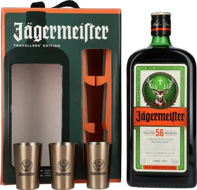 Produktbild von Jägermeister TRAVELLERS' EXCLUSIVE 35% Vol. 1l in Geschenkbox mit 3 Metal Shot Cups