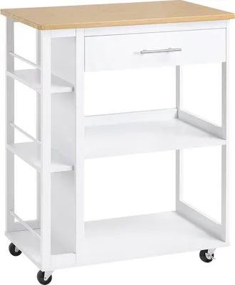 Image de Chariot de cuisine sur roulettes - Armoire ouverte et casier à vin - Chêne clair/ MDF blanc