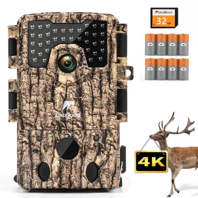 Produktbild von Usogood 4K 48MP HD Wildkamera mit Bewegungsmelder Nachtsicht, 120 °Weitwinkel Wildtierkamera, IP66 Wasserdicht, 32GB SD Karte und 8*AA-Batterien