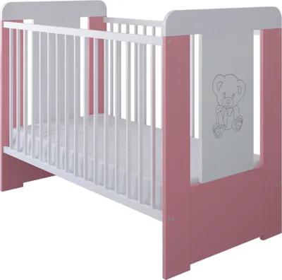 Produktbild von Babybett, Gitterbett mit Matratze & Kleiner Teddybar Gravur , 60x120, 3 ausziehbare Sprossen, 3-Stufen-Verstellung, Kiefernholz,  Für Mädchen und Junge, Rosa, Pink
