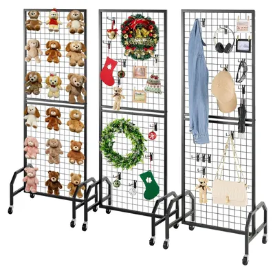 Produktbild von VEVOR 61 x170,7 cm Gitterwandpaneele Turm, 2 Packs Drahtgitter-Wanddisplay-Ständer mit T-Basis, freistehende doppelseitige Gitterwandpaneele für Kunsthandwerksmessen, Einzelhandelsdisplay mit zusätzlichen Clips und Haken, 3 Pakete, Mit Rollen