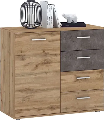 Produktbild von Kommode Sideboard Schrank CHICAGO in Wotan Eiche/Beton dunkel, mit Tür und 4 Schubladen Highboard