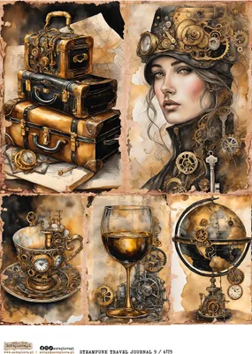 Produktbild von Reispapier Decoupage Bastelpapier A4 - Scraplove - Steampunk Travel Journal 9