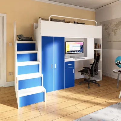 Produktbild von Marlux-Meble Hochbett Kinderbett JSM-4 80x190 mit Kleiderschrank Schreibtisch und Treppe Matt Kinderbetten Funktionsbett Etagenbett Stockbett Kinderhochbett Jugendhochbett (Blau Matt)