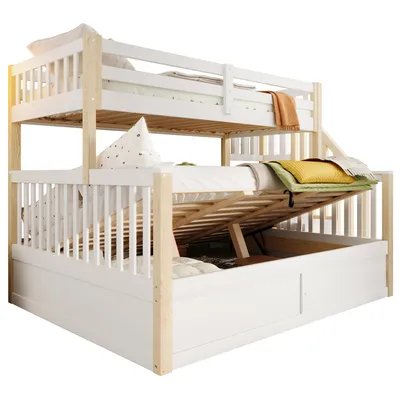 Produktbild von Etagenbett mit 2 Liegeflächen, Stauraum und Rausfallschutz, 90x200cm/140x200cm, Treppe mit Regal, Kinderbett, Jugendbett, Kiefer