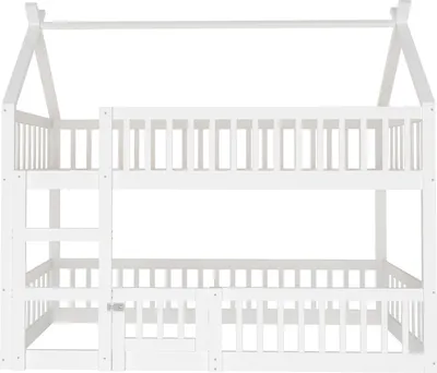 Produktbild von Flieks Etagenbett 90x200cm mit Rausfallschutz, Kinderbett Hausbett mit Lattenrost, Einzelbett Holzbett Spielbett mit Tür, Hochbett mit Leiter, Weiß