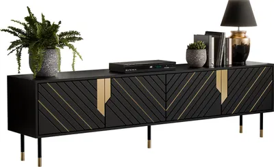 Produktbild von MIRJAN24 TV-Lowboard Mountain 4D 200, TV-Schrank mit vier Drehtüren, Metallfüße, Griffloses Öffnungssystem push to open (Farbe: Schwarz / Schwarz + Gold)