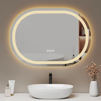 Imagen del producto de Espejo de baño LED EMKE, 80x60 cm, con superficie antiniebla, iluminación con 3 colores de luz, espejo de baño con interruptor táctil y luz ajustable