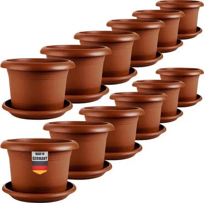 Produktbild von 12er-Set Blumentopf groß 40 cm Durchmesser - Pflanzkübel groß außen in Terracotta, mit Untersetzer, Robust & Frostsicher, aus Kunststoff