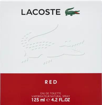 The image shows the packaging of a Lacoste Red eau de toilette for men.