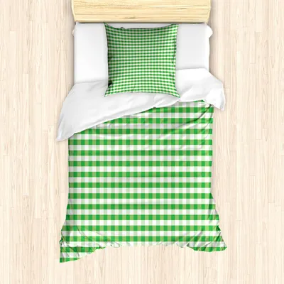 Immagine prodotto di ABAKUHAUS Set copripiumino in cotone, coperta da picnic ispirata al motivo retrò a quadri bianchi e verdi, 135 x 200 cm + 80 x 80 cm, verde e bianco