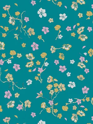 Produktbild von Blumentapete im Landhausstil mit Glanz – Türkis, Gelb, Rosa