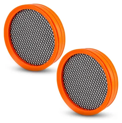 Two orange circular filters with black mesh in the center, presented on a white background.