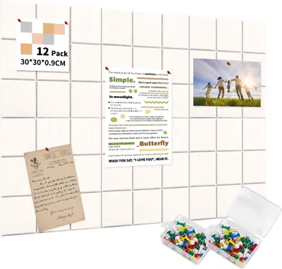Produktbild von Filz-Pinnwand 120x90 cm, 12 Stück 30x30 cm, 70 Pins, hellkamelfarben, für Büro