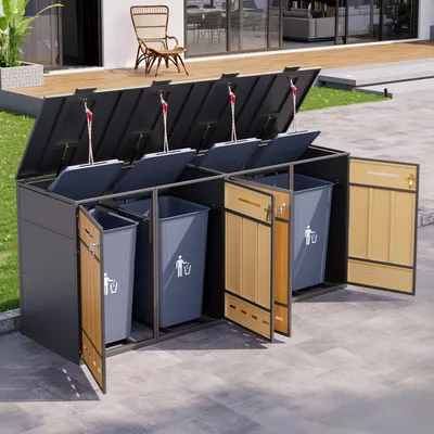 Produktbild von STILVORA Mülltonnenbox für vier Tonnen mit Belüftungslöchern und Klappdeckel, Mülltonnenschrank aus kaltgewalztem Stahl mit abschließbaren zwei Türen, Müllbox für 120–240L Tonnen mit vierfachem Trennsystem für Außenbereiche