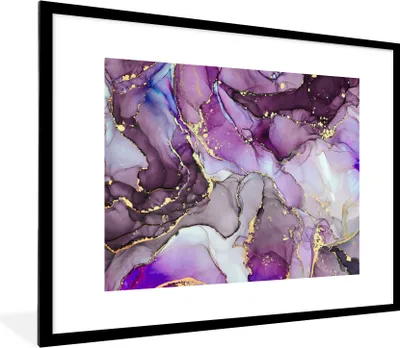 Produktbild von MuchoWow® Gerahmtes Poster Marmor - Rosa - Lila - Gold 80x60 cm - Poster mit Schwarzem Bilderrahmen Wandposter Rahmen Foto Bilder - Schlafzimmer-Dekorationen - Fotoposter
