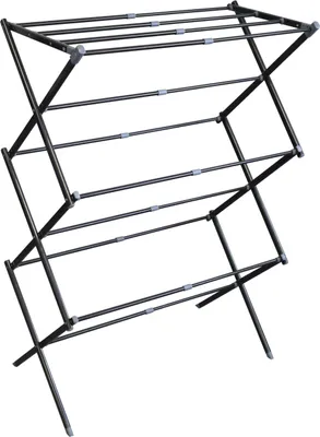 A black metal drying rack with multiple levels.