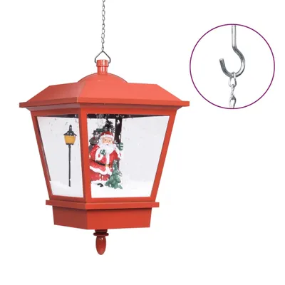 A red Christmas lantern with a Santa Claus figurine inside, suspended by a chain.
