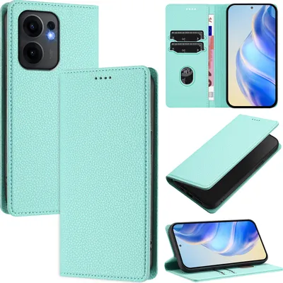 Produktbild von Litchi Leder Handyhülle für Oppo Reno13 F 5G Wallet Kartenfächer Standfunktion Hülle Türkis