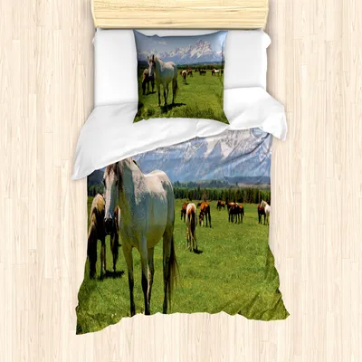 Produktbild von ABAKUHAUS Nationalparks Mantele, Pferde, Milbensicher Allergiker geeignet mit Kissenbezügen, 135 cm x 200 cm - 80 x 80 cm, Mehrfarbig