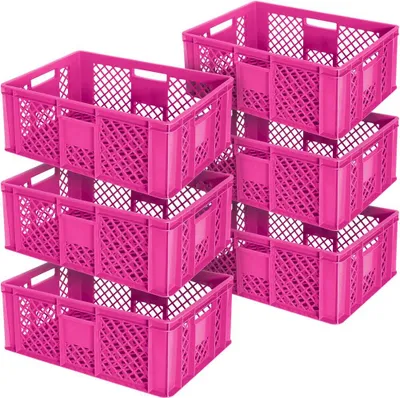 A stack of pink plastic crates arranged in two columns.