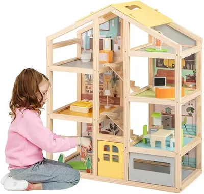 Imagen del producto de Casita de muñecas de madera, casa de ensueño con 2 figuras y 18 accesorios de mobiliario, casa de muñecas con estructura resistente y 7 habitaciones, villa de muñecas para niños y niñas a partir de 3 años