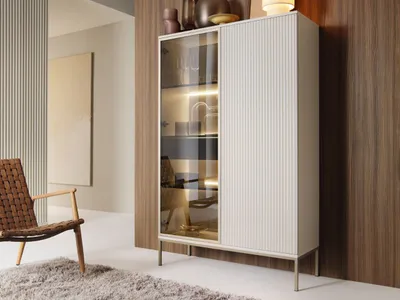 Produktbild von GrainGold Vitrinenschrank Deo - Vitrine mit Tür - Vitrine mit LED-Beleuchtung, Highboard Schrank, Vitrine mit Glas - Vitrine Holz - Vitrine Kaschmir