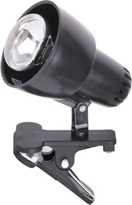 A black clip-on spotlight with a clear bulb.