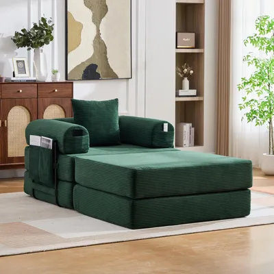 Produktbild von MODFU Modulares Sofa Einsitziges mit Seitentasche und 1 bequemen Kissen Schlafsofa Wohnzimmersofa mit Hocker Loungesofa Wohnzimmersofa mit stabilem Metallrahmen Smaragdgrün