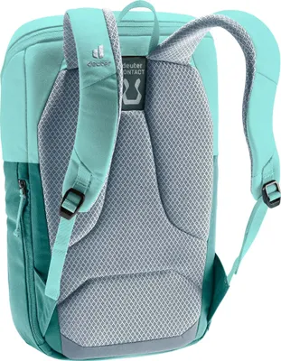 The back of a teal backpack is shown against a white background.