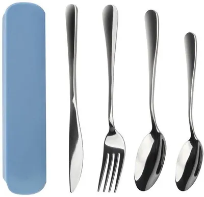 Produktbild von Unyqoos® Tragbares Besteckset aus Edelstahl 4-teilig mit Etui – Gabel, Messer, Ess- und Dessertlöffel, spülmaschinenfest, leicht für Reisen & Camping