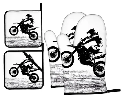 Produktbild von Rider Racing Ofenhandschuhe und Topflappen, Set mit 4 rutschfesten Grillhandschuhen, Küchenhandschuhe, hitzebeständig für Küche, Kochen, Backen, Grillen