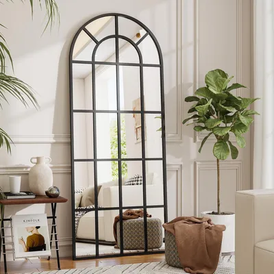 Image de Miroir mural corporel, dimensions 64 x 175 cm, cadre en métal noir, design à motifs géométriques, à suspendre ou à incliner