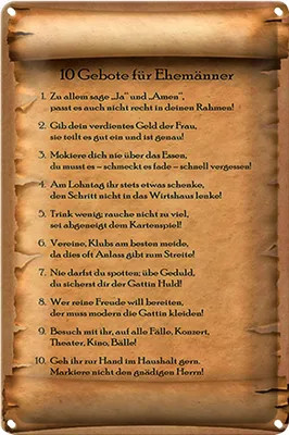 Produktbild von Blechschild Spruch 18x12cm 10 Gebote für Ehemänner sage ja