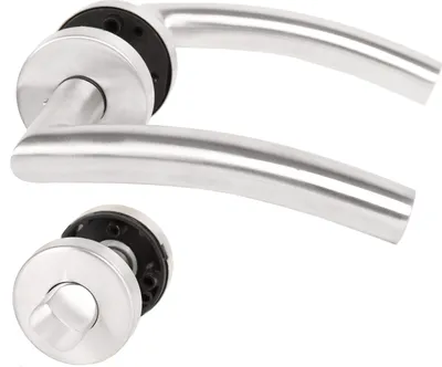 Two stainless steel door handles and one lock mechanism are shown against a white background.