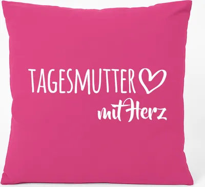 Produktbild von Huuraa Kissen Tagesmutter mit Herz 40x40cm mit Füllung Fuchsia Baumwolle Dekokissen Geschenkidee