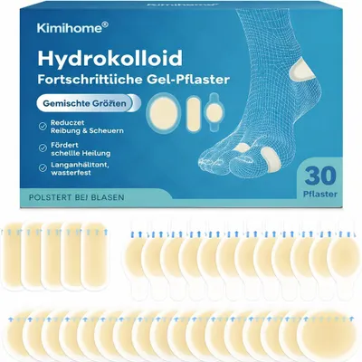 Produktbild von Hydrokolloid-Blisterpflaster für Füße - 30 Stück Gel-Blisterpflaster - Blasenschutz für Ferse und Zehen - Blasenprävention für Reisen - Wasserdicht