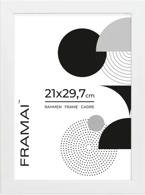 A white picture frame with abstract geometric graphics and text.