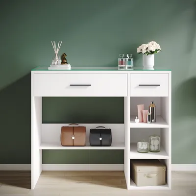 Image de SONNI Coiffeuse avec 2 tiroirs à compartiments,90x40x77cm,3 étagères ouvertes, bureau moderne