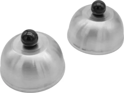 Two silver dome-shaped lids with black knobs on top, set against a white background.