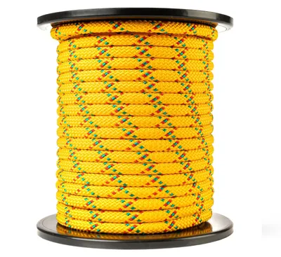 Obrázek produktu pro Polypropylenové lano, 50 metrů, průměr 10 mm, pevnost v tahu 1326 kg, žluté, červené a zelené barvy, určené pro venkovní použití