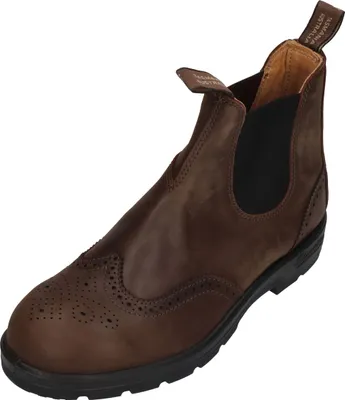 A single brown leather boot with brogue detailing.