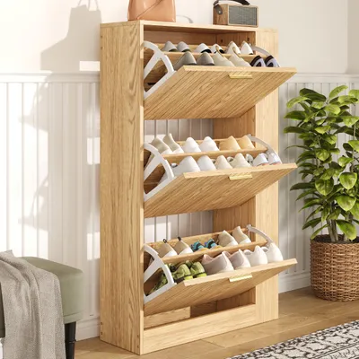 Produktbild von okwish Moderner Schuhschrank Schuhkipper mit Holzfurnieroberfläche, Schuhständer mit offenen Regalfächern und drei staubdichten Türen, Natur