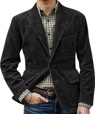 Image de ASKSA Veste en velours côtelé Homme Veste Rétro Blazer en velours côtelé Costume décontracté avec poches Veste de costume élégante Regular Fit Veste décontractée Homme Manteau unicolore Revers,Noir,XL