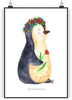 Produktbild von Mr. & Mrs. Panda Bild Pinguin Blumen DIN A4 - Weiß - Geschenk, Geschenkidee, Pinguine, Deko, Blumenliebe, Wunderschön, Universum, drucke, Wanddekoration, wanddeko, Plakat