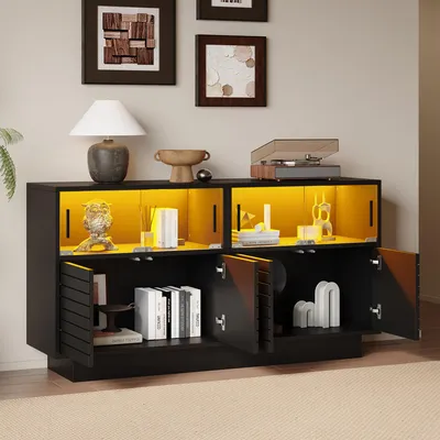 Image de OKWISH Buffet - 4 Portes en Verre - Pour Salon - 130x35x68 cm - Noir