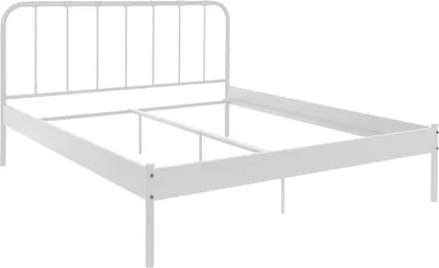 A white metal bed frame with a headboard, shown from a side angle against a white background.