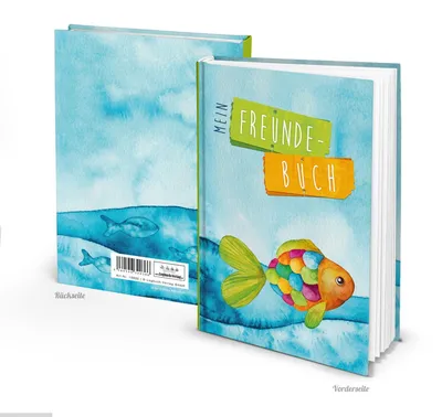 Produktbild von Maritimes Freundschaftsbuch Freundebuch Freunde DIN A5 HARDCOVER Fisch bunt türkis blau Geschenk-BUCH Kommunion Geburtstag Schulanfang Regenbogen-Fisch