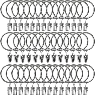 Produktbild von Packung mit 45 Metall-Gardinenringen, Haken und dekorativen Befestigungselementen für Gardinenstangen, Innendurchmesser 3,8 cm (1,5 Zoll).